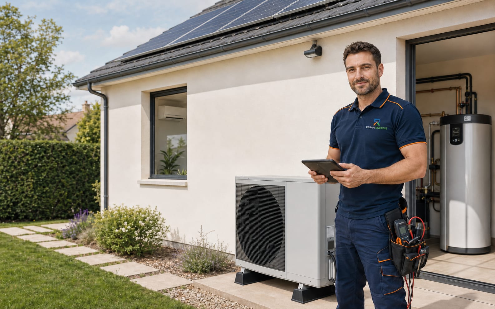 Technicien REPAR'ENERGIE en intervention de maintenance sur une pompe à chaleur
